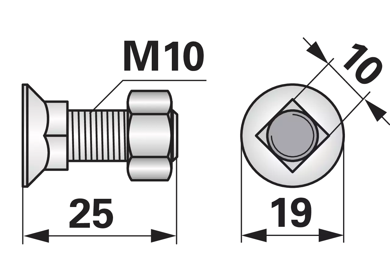Pflugschraube Vierkant, M10 x 25 mm, Güte 10.9, 10 Stück mit Mutter GartenShop24