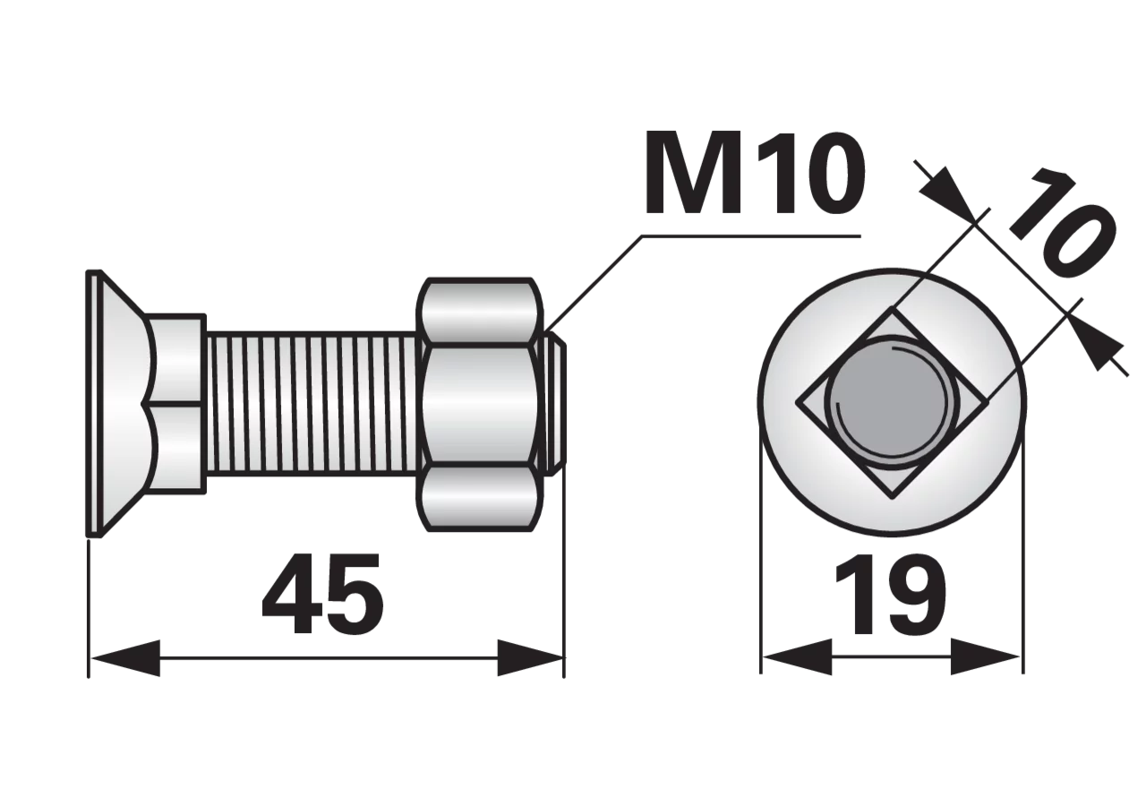 Pflugschraube Vierkant, M10 x 45 mm, Güte 12.9, 10 Stück mit Mutter GartenShop24