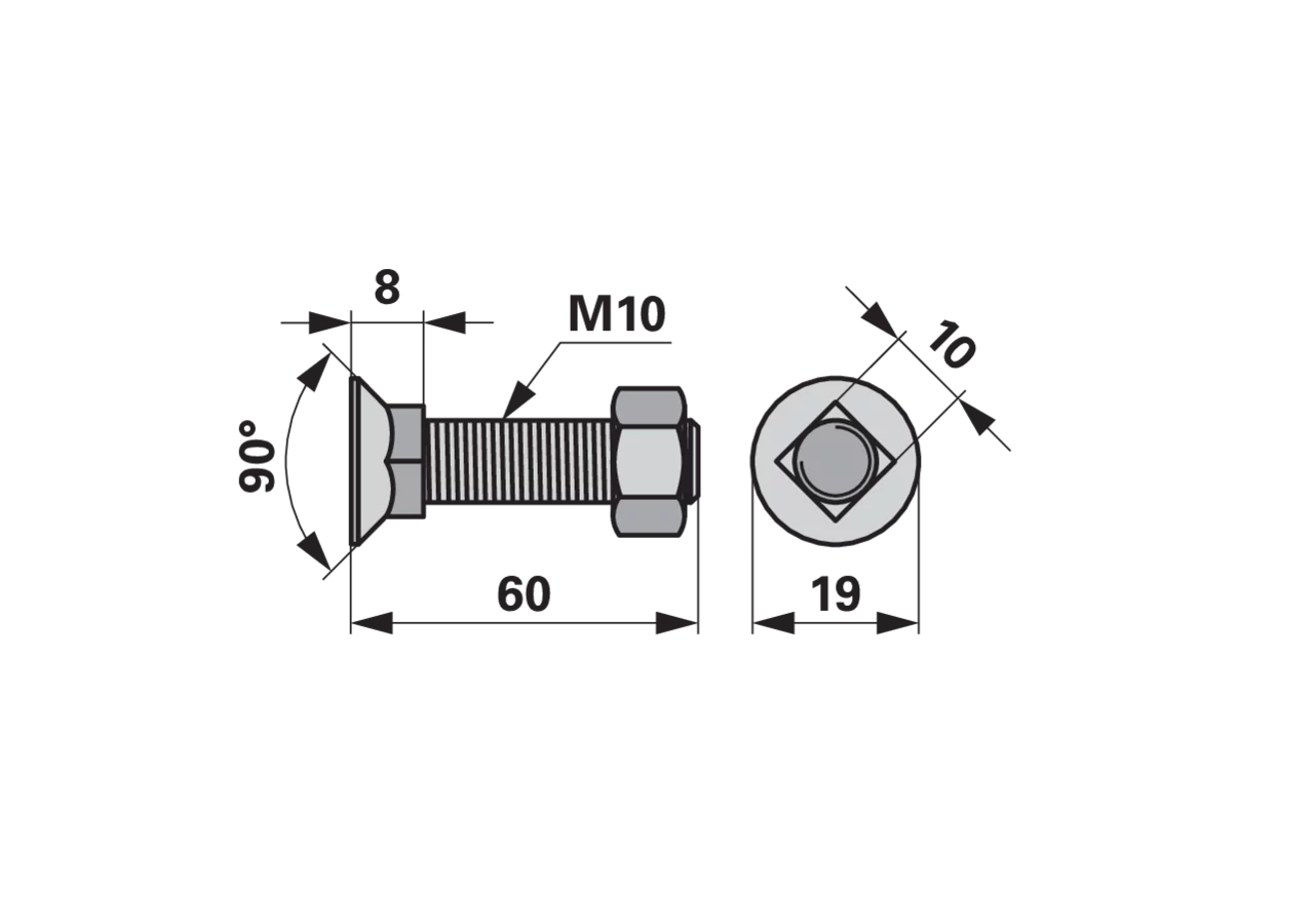 Pflugschraube Vierkant, M10 x 60 mm, Güte 10.9, 10 Stück mit Mutter GartenShop24