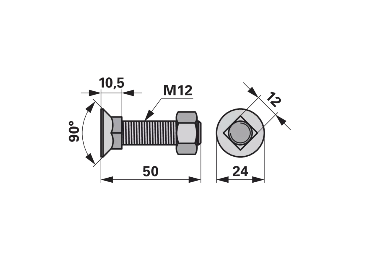 Pflugschraube Vierkant, M12 x 50 mm, Güte 12.9, 10 Stück mit Mutter GartenShop24