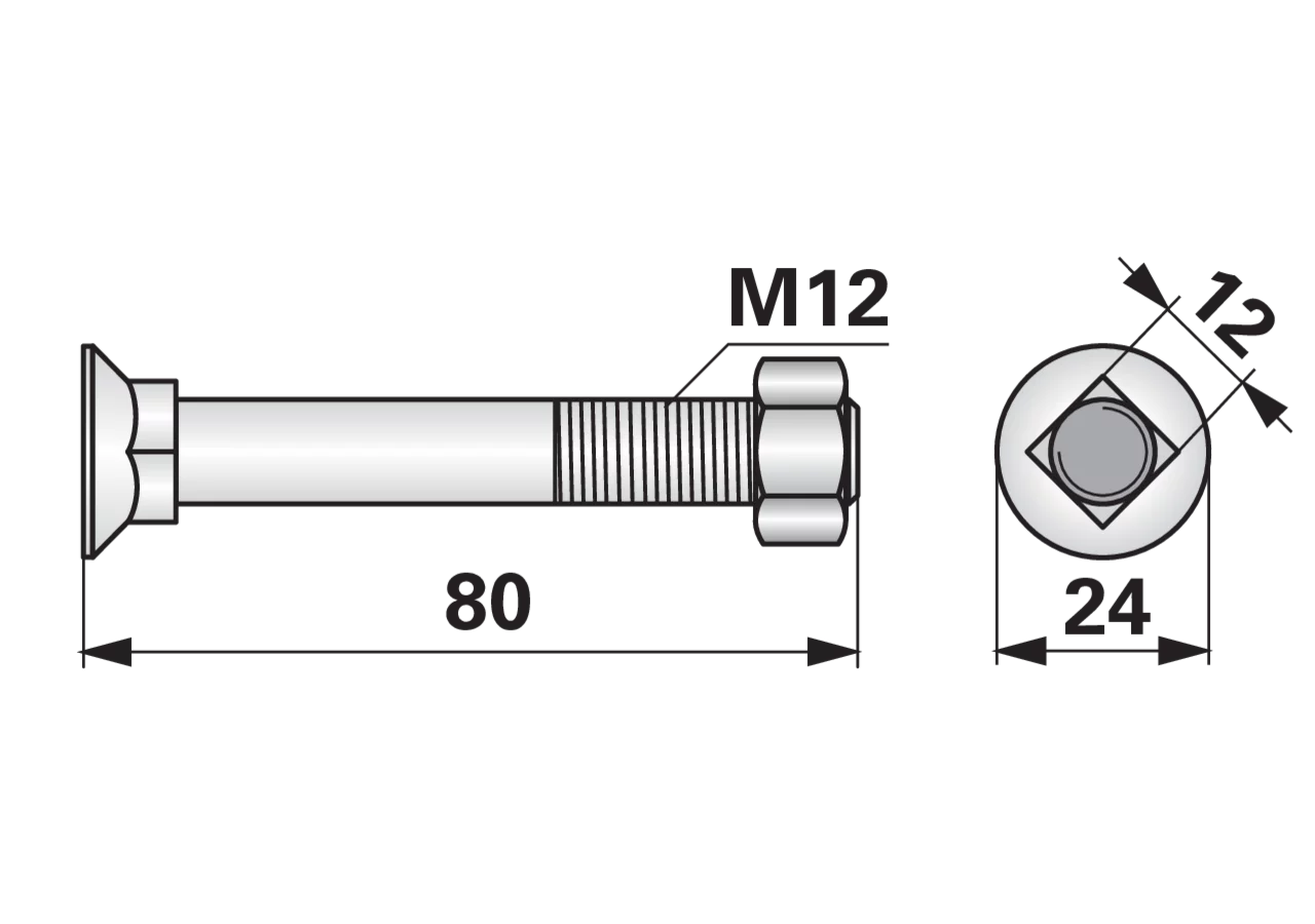 Pflugschraube Vierkant, M12 x 80 mm, Güte 12.9, 10 Stück mit Mutter GartenShop24