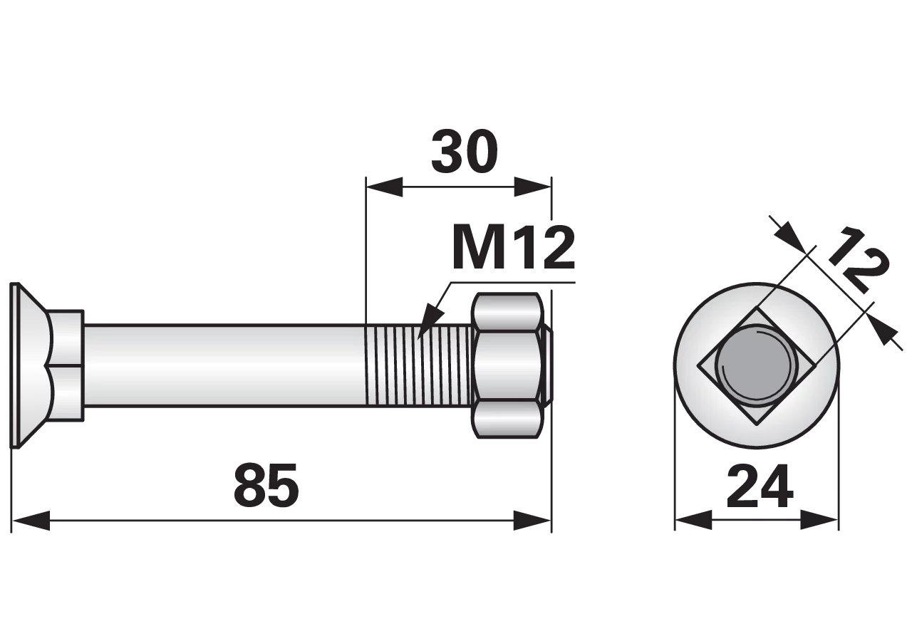 Pflugschraube Vierkant, M12 x 85 mm, Güte 12.9, 10 Stück mit Mutter GartenShop24