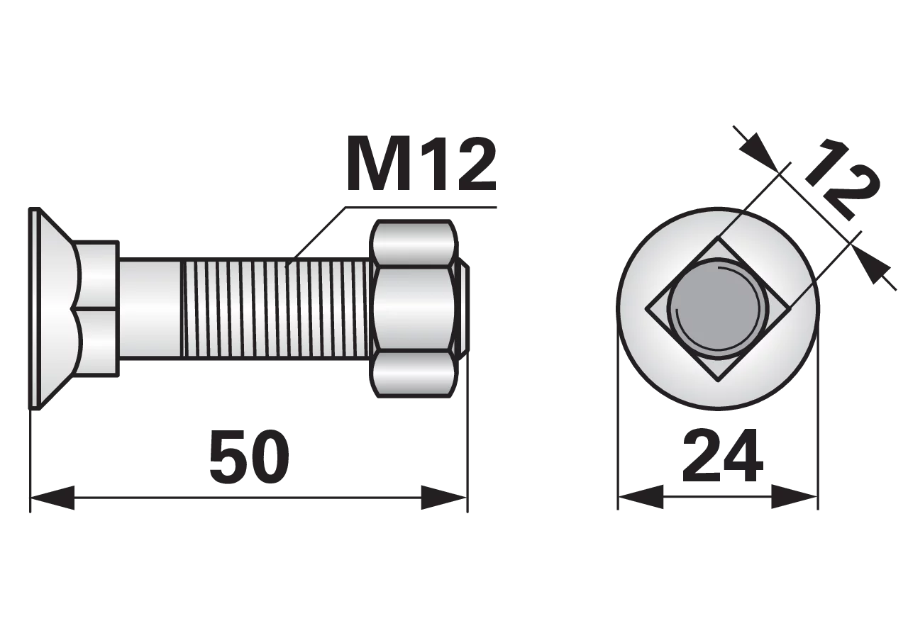 Pflugschraube Vierkant, M12 x 50 mm, Güte 10.9, 10 Stück mit Mutter GartenShop24
