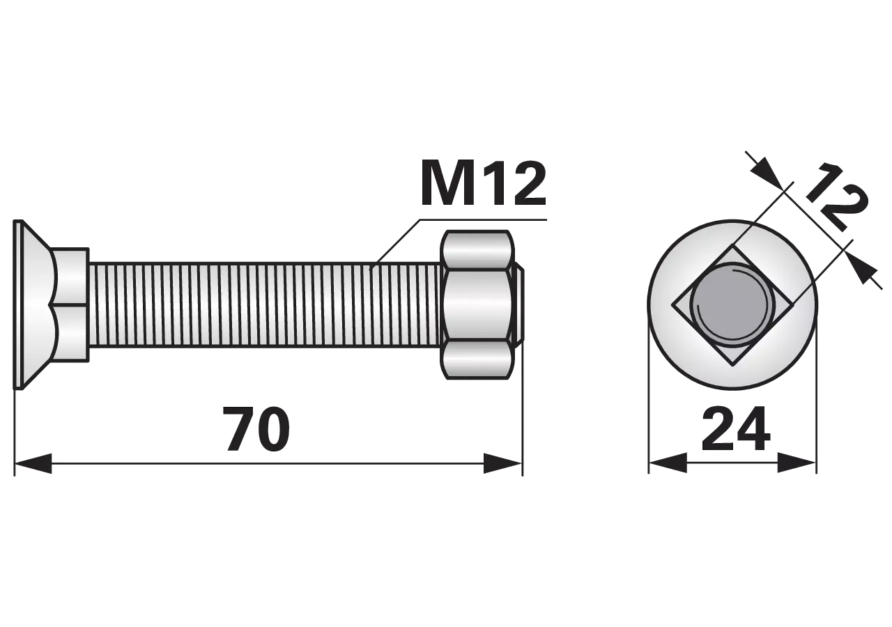 Pflugschraube Vierkant, M12 x 70 mm, Güte 10.9, 10 Stück mit Mutter GartenShop24