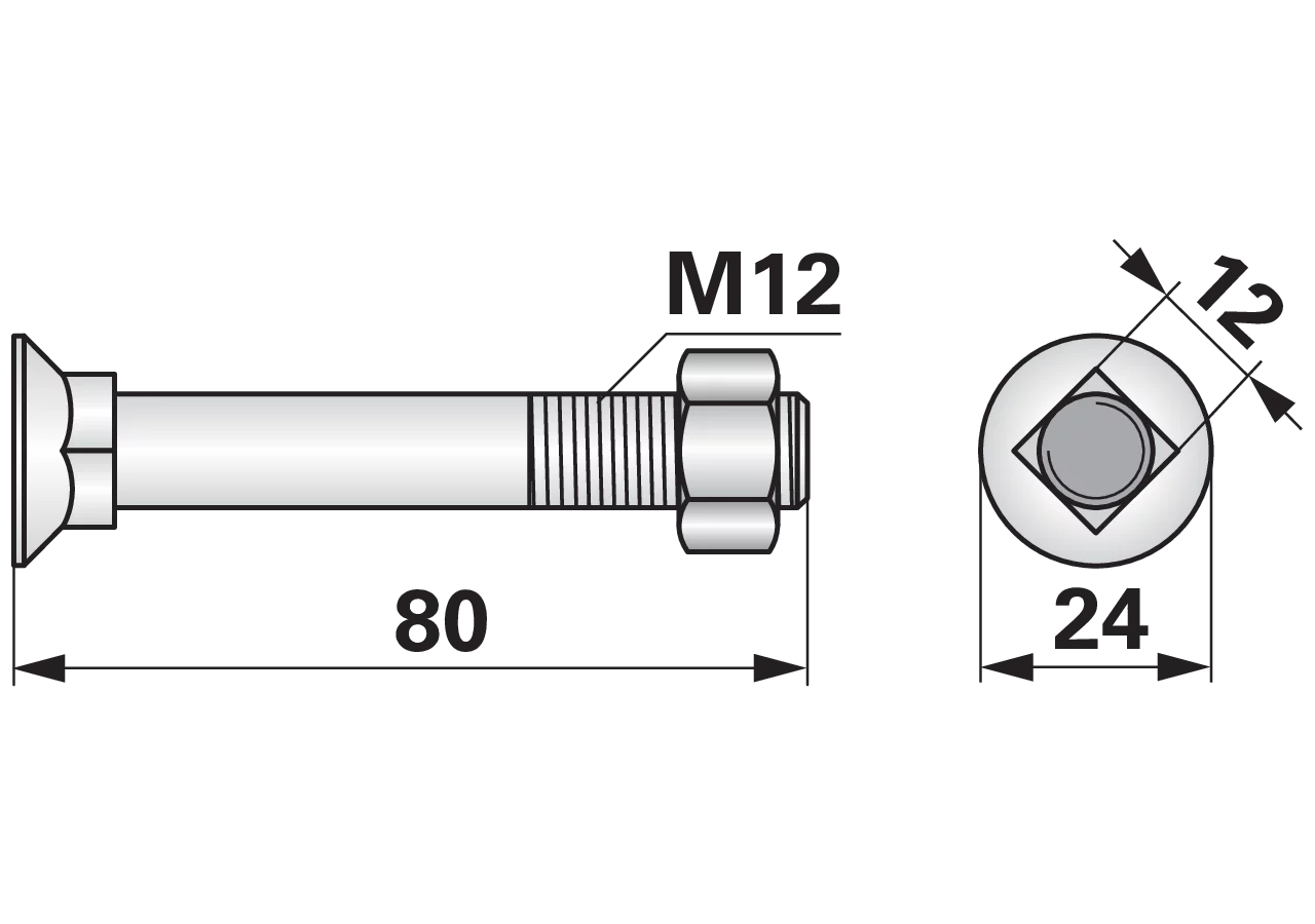 Pflugschraube Vierkant, M12 x 80 mm, Güte 10.9, 10 Stück mit Mutter GartenShop24