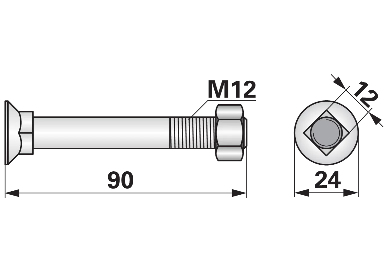 Pflugschraube Vierkant, M12 x 90 mm, Güte 10.9, 10 Stück mit Mutter GartenShop24