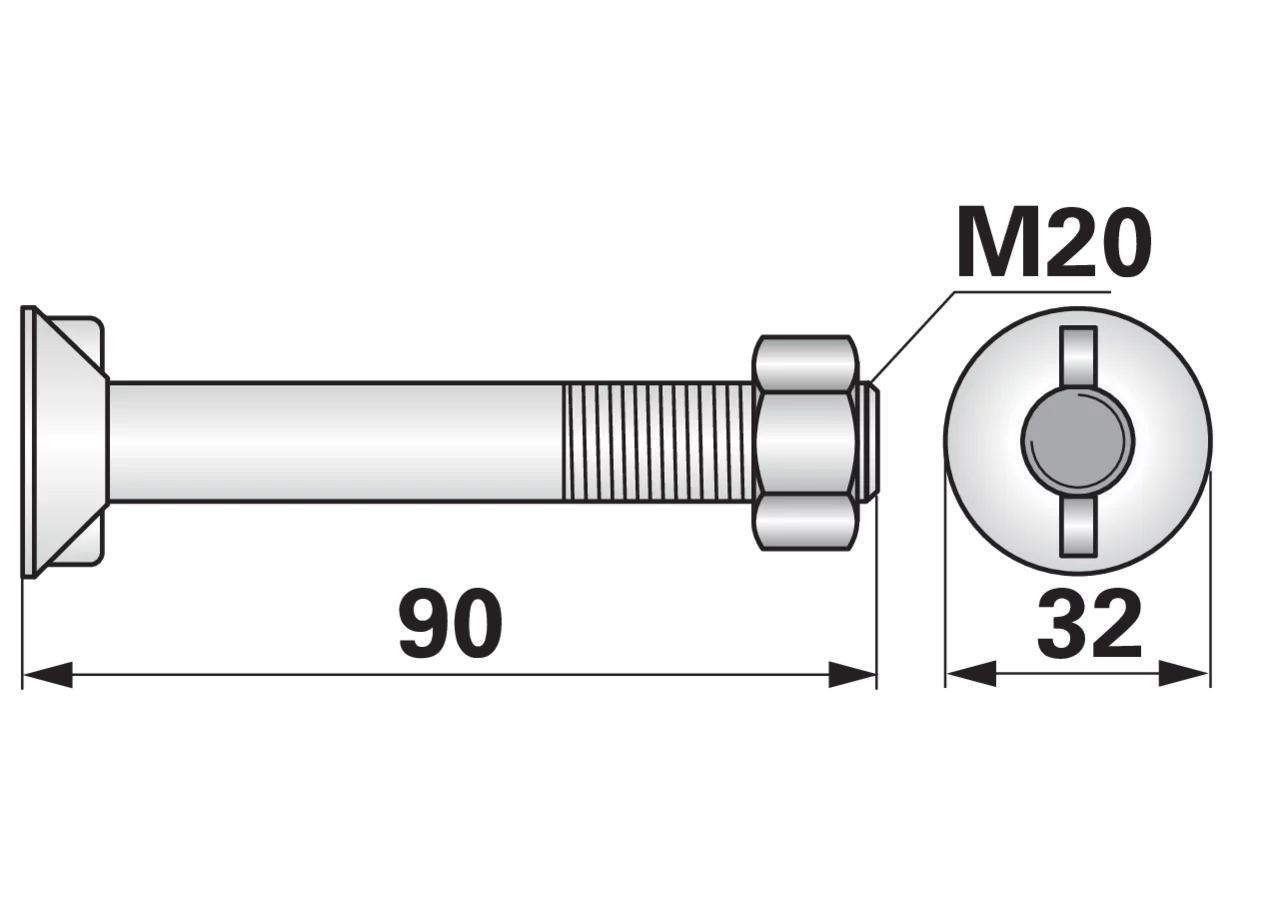 Pflugschraube 1-Nase, M20 x 90 mm, Güte 8.8 mit Mutter GartenShop24