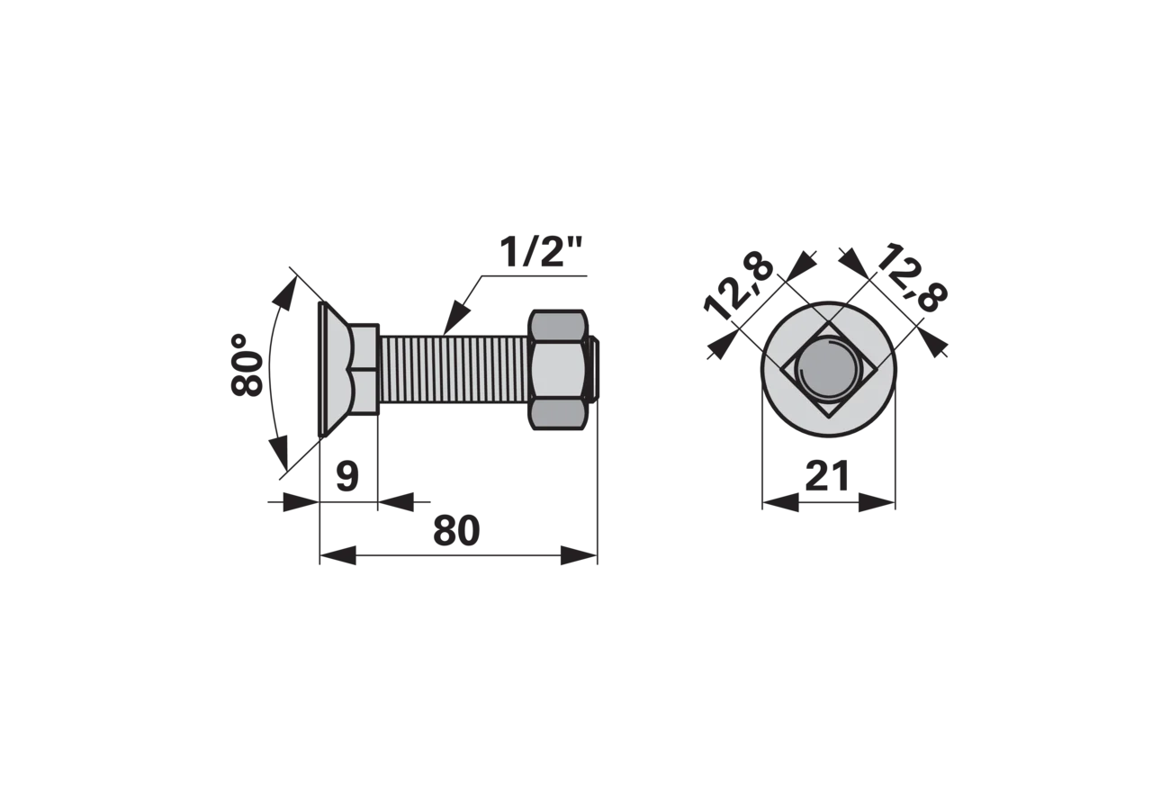 Pflugschraube Vierkant, 1/2 Zoll x 80 mm, Güte 8.8 GartenShop24