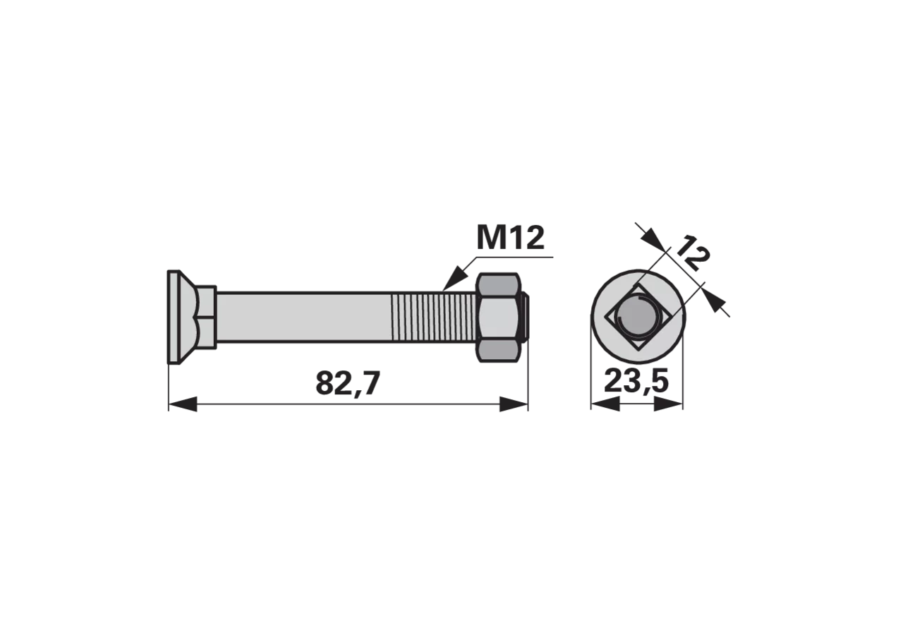 Pflugschraube Vierkant, M12 x 80 mm, Güte 12.9 Ausführung Hartmetall AC AgriCarb