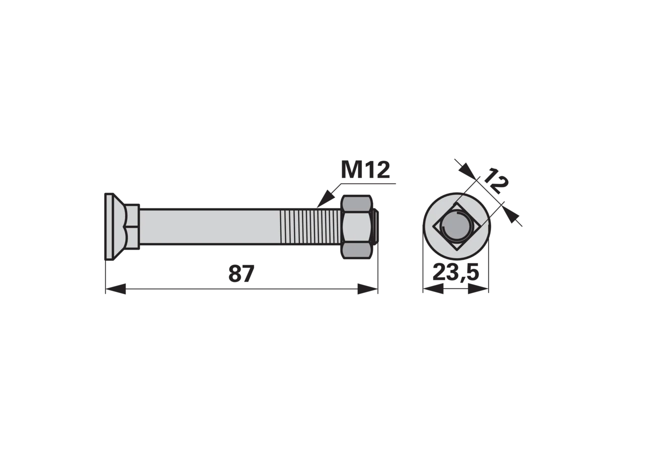 Pflugschraube Vierkant, M12 x 85 mm, Güte 12.9 Ausführung Hartmetall AC AgriCarb