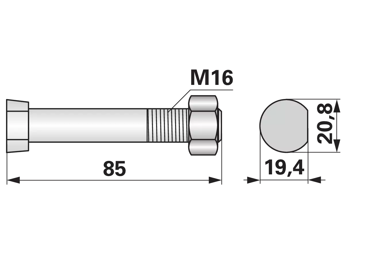 Pflugschraube Halber Ovalkopf, M16 x 85 mm, Güte 12.9 mit Mutter GartenShop24