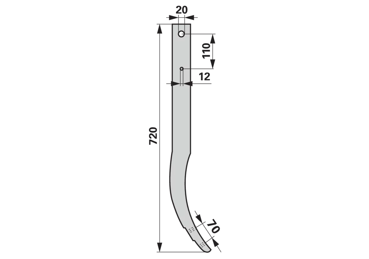 Schwergrubberstiel 60 x 25 mm, Länge 720 mm, Lochabstand 70 mm Lochabstand 2 (LA2) 110 mm bpt