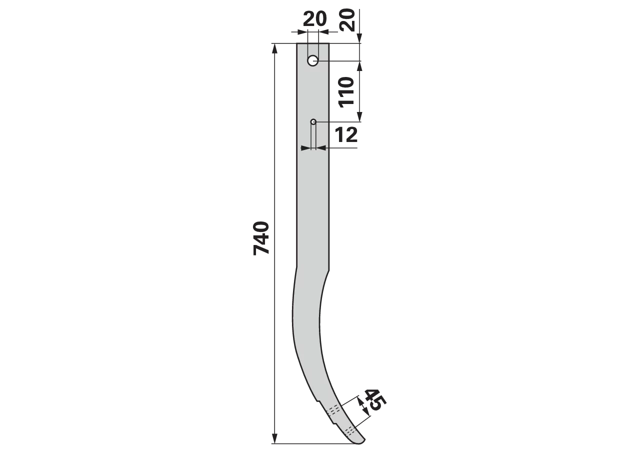 Schwergrubberstiel 60 x 25 mm, Länge 740 mm, Lochabstand 45 mm bpt