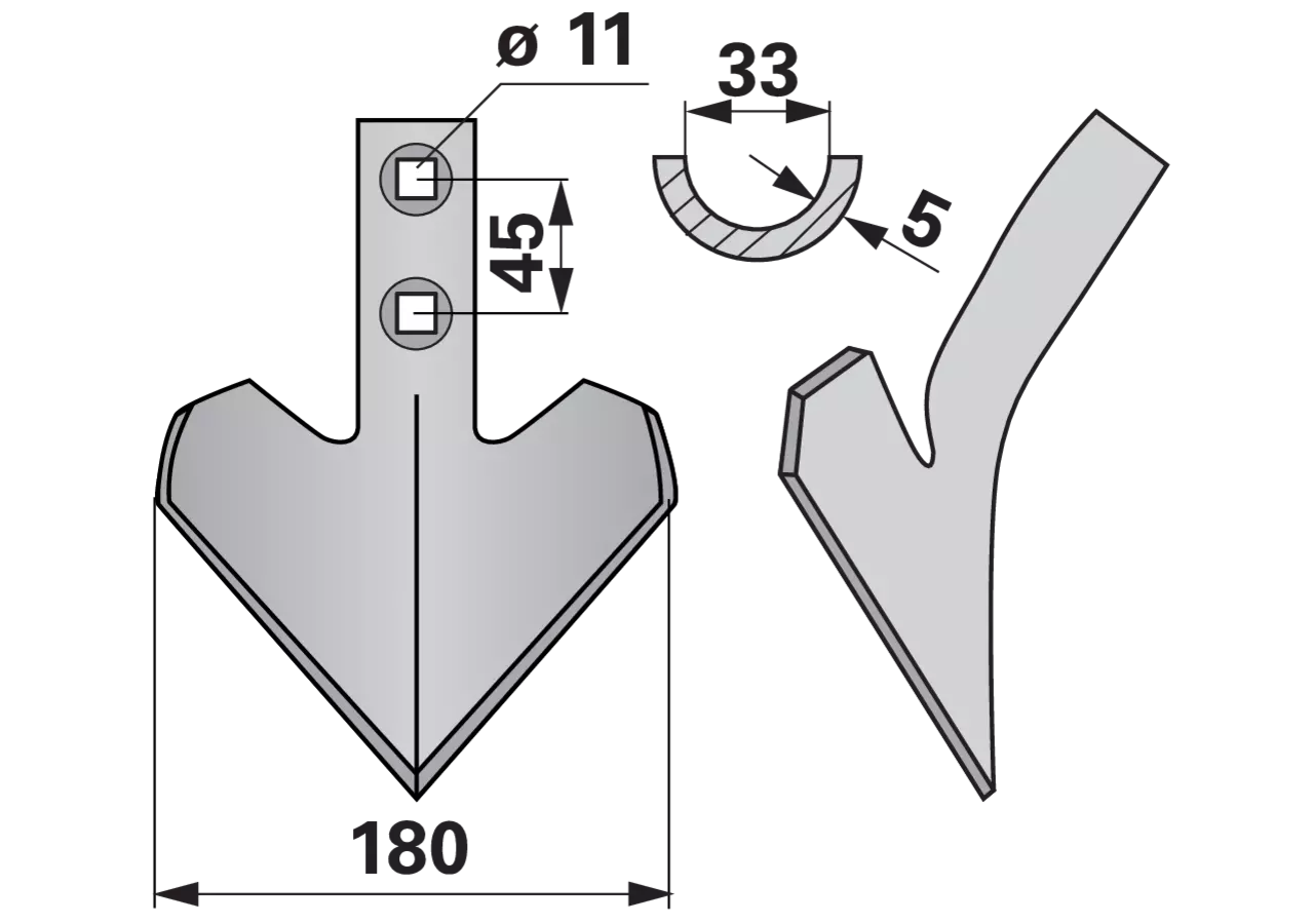 Gänsefußschare 180 x 5 mm, Lochabstand 45 mm Bellota