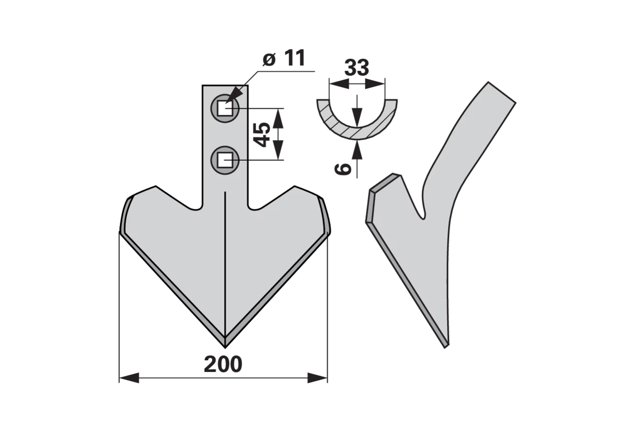 Gänsefußschare 200 x 6 mm, Lochabstand 45 mm Bellota