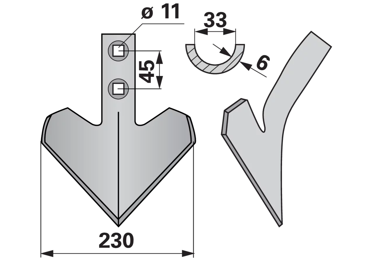 Gänsefußschare 230 x 6 mm, Lochabstand 45 mm Bellota