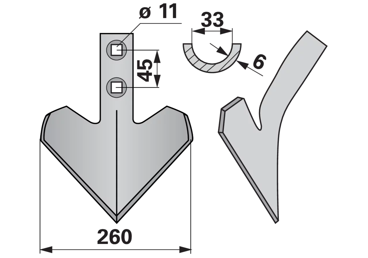 Gänsefußschare 260 x 6 mm, Lochabstand 45 mm Bellota