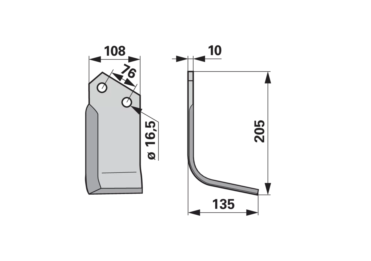 Bogenmesser rechts beschichtet Kuhn 52359010 – Ansicht von vorn, Höhe 205 mm