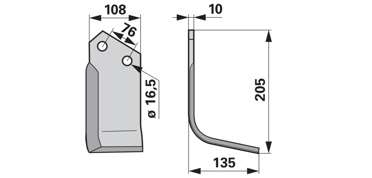 Bogenmesser rechts beschichtet Kuhn 52359010 – Maßansicht mit Lochabstand 76 mm
