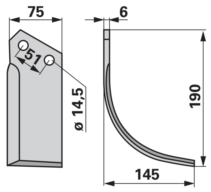 Detailansicht Bogenmesser rechts BJ001 – Lochabstand 51 mm, Stärke 6 mm