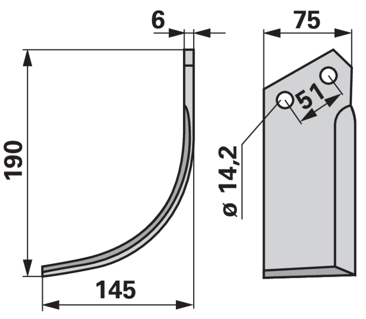 Bogenmesser links BJ002 – Detailansicht Lochabstand 51 mm und Stärke 6 mm