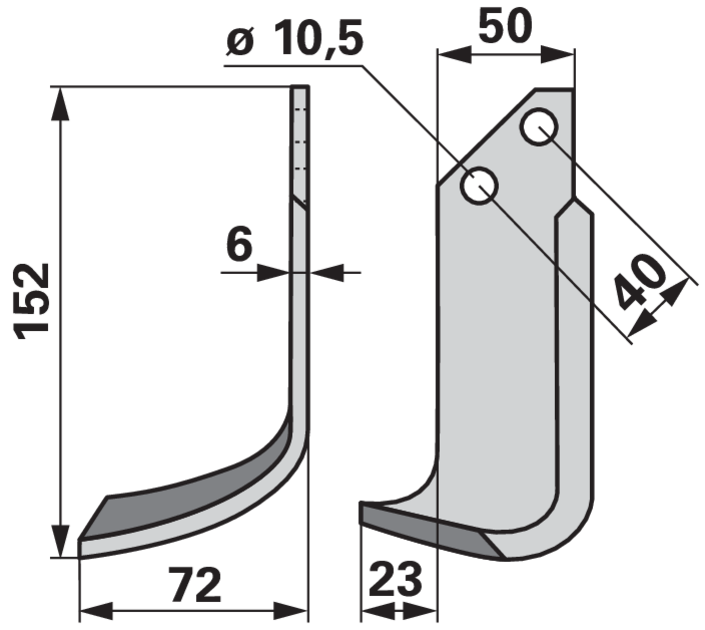 Bogenmesser links BCS 42304 – Detailansicht Lochabstand und Abmessungen