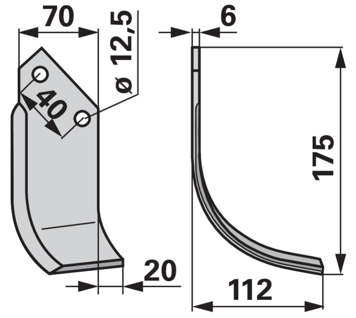 Bogenmesser rechts Goldoni 17011 – Detailansicht Lochabstand und Stärke 6 mm