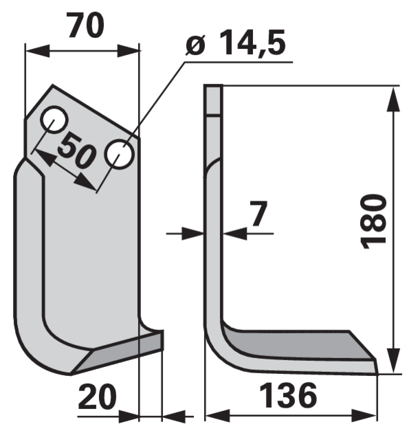 Winkelmesser rechts, 70 x 7 mm, Höhe 180 mm, Breite 136 mm, Lochabstand 50 mm GartenShop24 - Hochwertige Gartengeräte