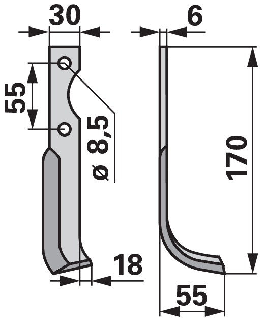 Detailansicht Bogenmesser rechts 30x6 mm 170 mm – Lochabstand 55 mm, Lochdurchmesser 8,5 mm