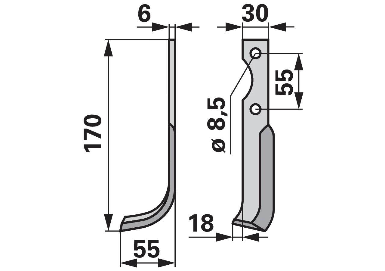 Bogenmesser links, 30 x 6 mm, Länge 170 mm, Breite 55 mm, Lochabstand 55 mm GartenShop24 - Hochwertige Gartengeräte