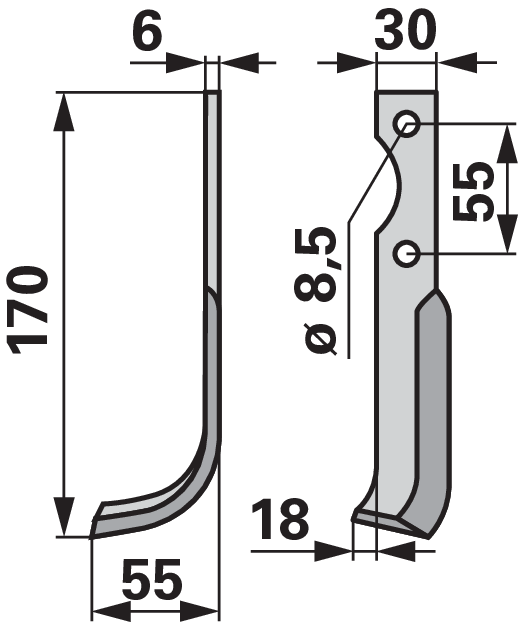 Bogenmesser links, 30 x 6 mm, Länge 170 mm, Breite 55 mm, Lochabstand 55 mm GartenShop24 - Hochwertige Gartengeräte