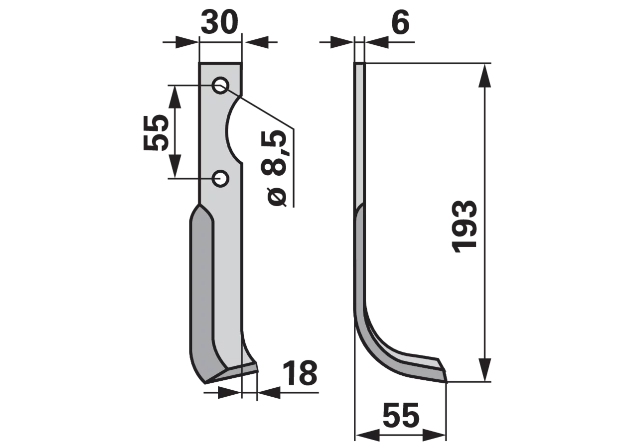 Bogenmesser rechts 193 mm 30x6 mm Bodenfräse – Ersatzmesser Rechtsausführung