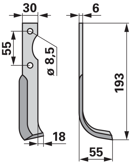 Bogenmesser rechts 193 mm Detailansicht – Lochabstand 55 mm, Lochdurchmesser 8,5 mm