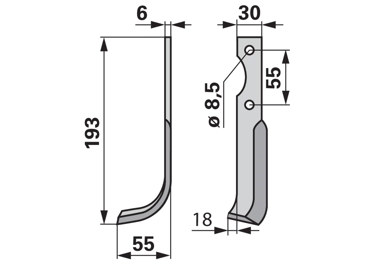 Bogenmesser links, 30 x 6 mm, Länge 193 mm, Breite 55 mm, Lochabstand 55 mm GartenShop24 - Hochwertige Gartengeräte