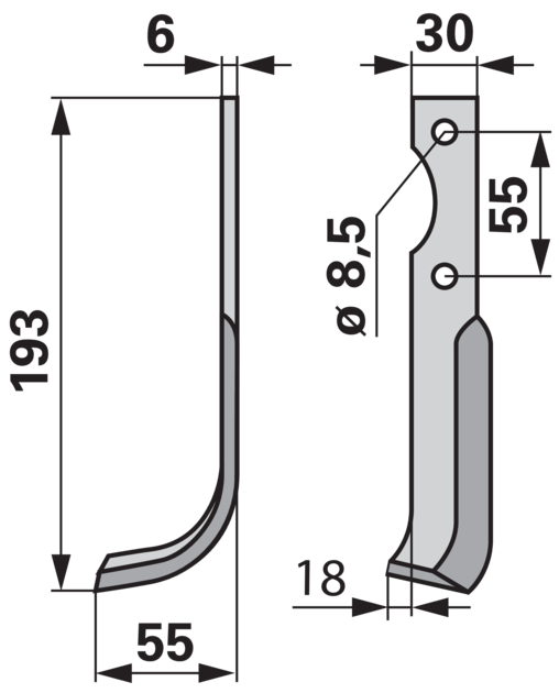 Bogenmesser links, 30 x 6 mm, Länge 193 mm, Breite 55 mm, Lochabstand 55 mm GartenShop24 - Hochwertige Gartengeräte
