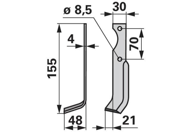 Bogenmesser links 125027129 – Detailansicht Lochabstand 70 mm und Lochdurchmesser 8,5 mm