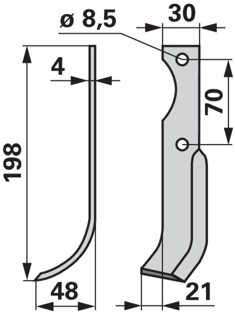 Bogenmesser links Agria 616113 – Detailansicht Bohrungen, Lochabstand 70 mm, Stärke 4 mm