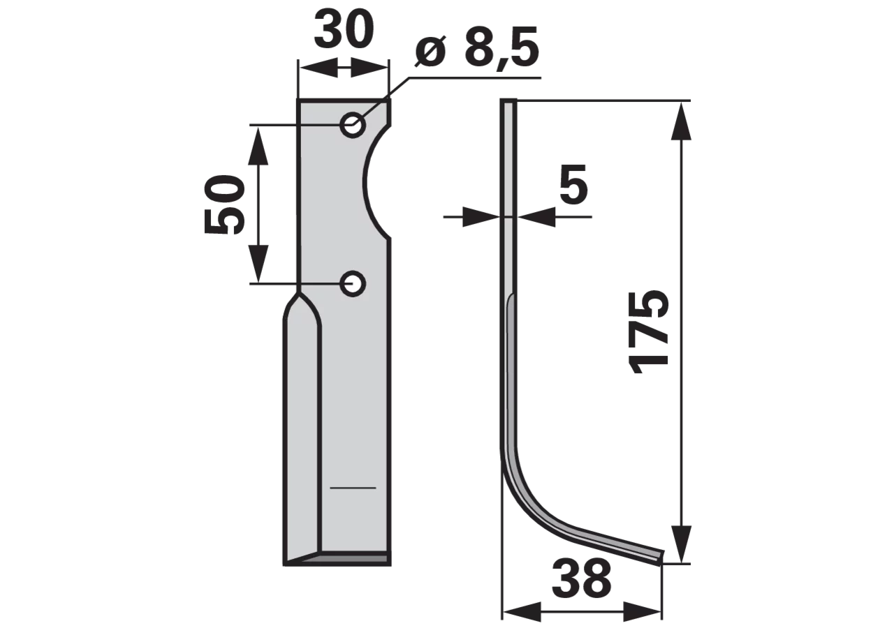 Bogenmesser rechts 30 x 5 mm, Länge 175 mm, Breite 38 mm, Lochabstand 50 mm GartenShop24 - Hochwertige Gartengeräte