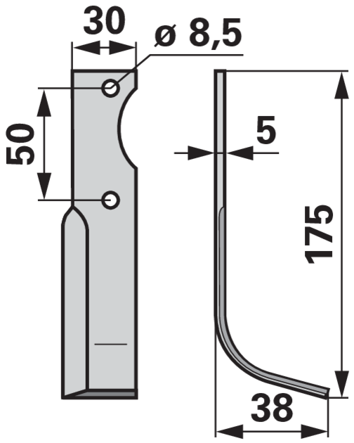 Bogenmesser rechts Detailansicht: Breite 38 mm, Lochdurchmesser 8,5 mm, Materialstärke 5 mm