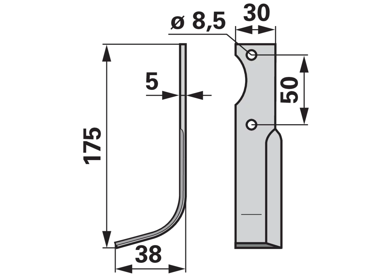 Bogenmesser links 30 x 5 mm, Länge 175 mm, Breite 38 mm, Lochabstand 50 mm GartenShop24 - Hochwertige Gartengeräte