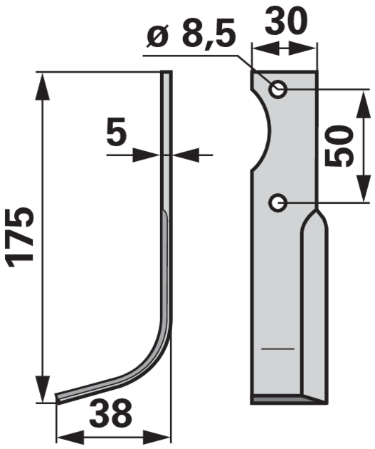 Bogenmesser links 30x5 mm 175 mm – Detailansicht Bohrung und Maße