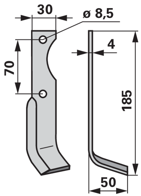 Winkelmesser rechts Agria 125025498 – Detailansicht Lochabstand 70 mm und Lochdurchmesser 8,5 mm