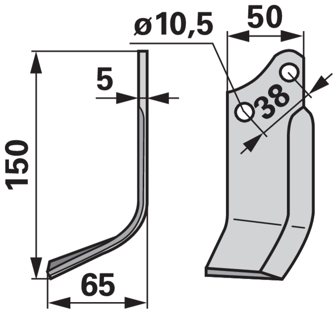 Bogenmesser links Agria 176712869 – Detailansicht Lochabstand 38 mm und Stärke 5 mm