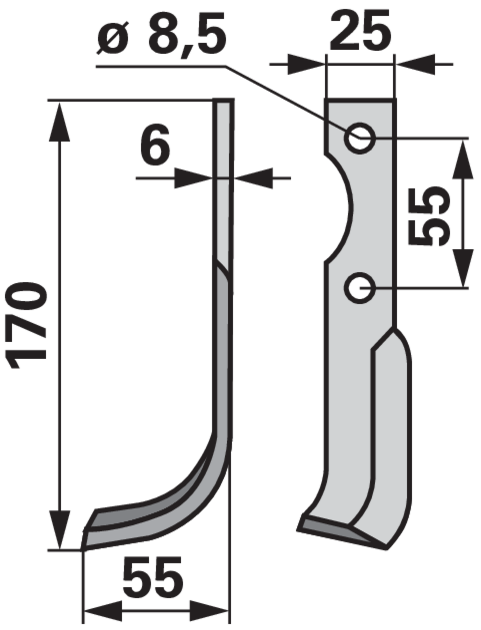Bogenmesser links BCS B580.43432.5 – Detailansicht Lochabstand 55 mm, Stärke 6 mm