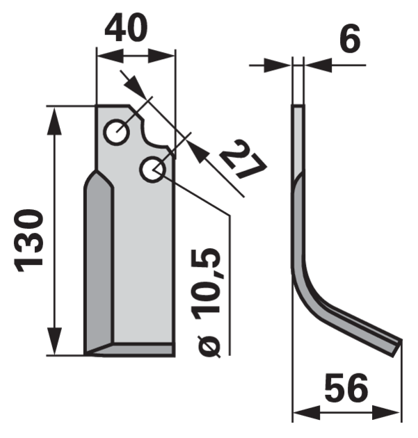 Bogenmesser rechts BCS B580.48433.2 – Detailansicht Lochabstand 27 mm, Stärke 6 mm