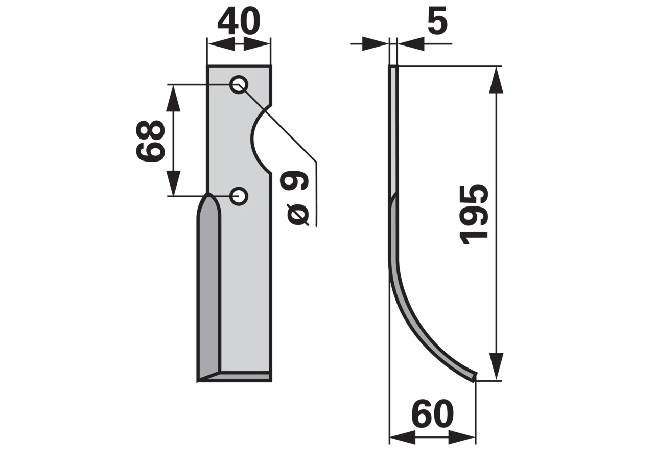 Bogenmesser rechts 40x5 L=195 mm Arbeitsbreite 60 mm Lochabstand 68 mm GartenShop24 - Hochwertige Gartengeräte