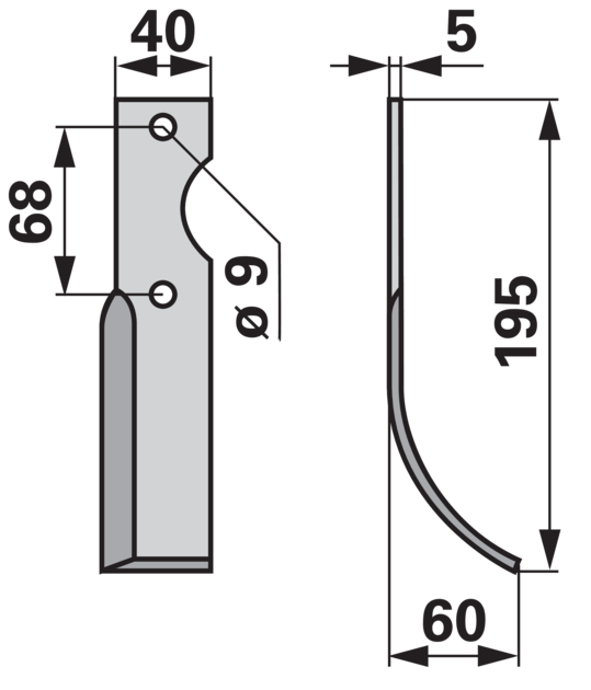 Bogenmesser rechts 40x5 L=195 mm Arbeitsbreite 60 mm Lochabstand 68 mm GartenShop24 - Hochwertige Gartengeräte