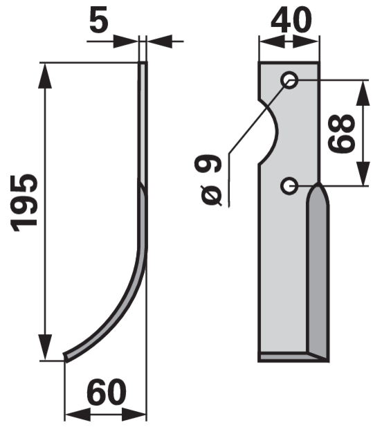Bogenmesser links 40x5 L=195 mm Arbeitsbreite 60 mm Lochabstand 68 mm GartenShop24 - Hochwertige Gartengeräte