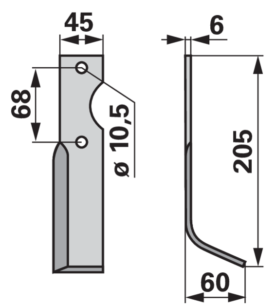 Bogenmesser rechts Benassi 37424 – Detailansicht Lochabstand 68 mm und Stärke 6 mm
