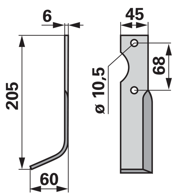 Bogenmesser links Benassi 37423 – Detailansicht Bohrung 10,5 mm, Stärke 6 mm